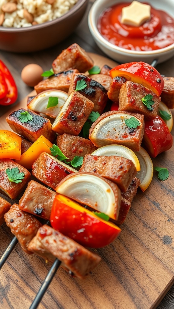 Savory Hungarian Shashlik with Onions and Paprika Grilled Hungarian shashlik skewers with meat, onions, and peppers on a rustic table with rice.